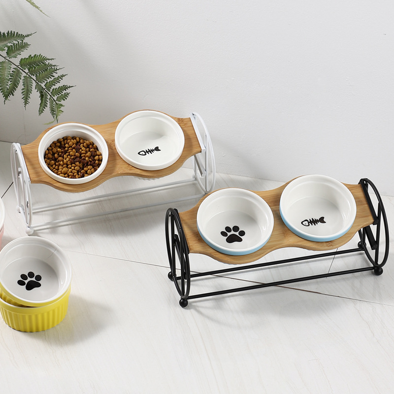 Bamboo And Wood Shelf To Protect The Cervical Spine And High-foot Double Ceramic Cat Bowl