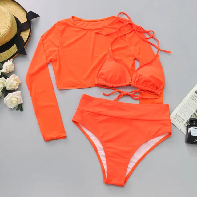 Mesh Three piece Bikini Split Swimsuit Orange - Shop at LoveMi