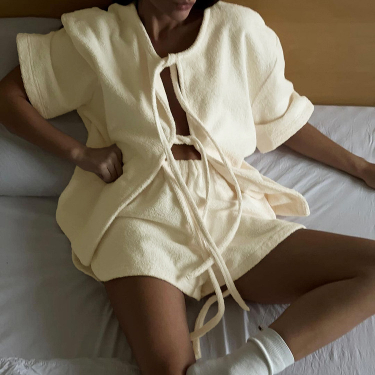 Terry Cloth Tie Front Short Sleeve Jacket & Elastic Waist Casual Shorts 2-Piece Loungewear Set 10