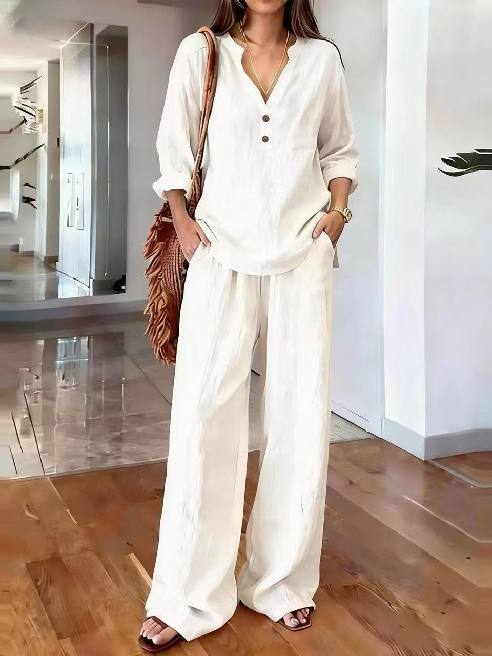 V Neck 2 Button Long Sleeve Top & Wide Leg Pants Two Piece Loungewear Set
