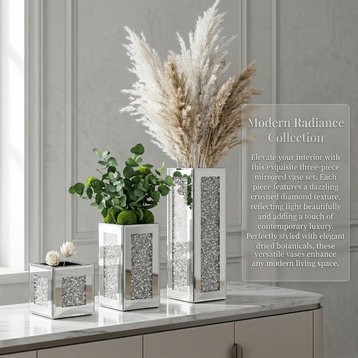Square Crushed Diamond Mirrored Vase Set Of 3, Silver Sparkly Crystal Glass Decorative Flower Vase, Luxury Table Centerpiece For Home Living Room Wedding Decor 2