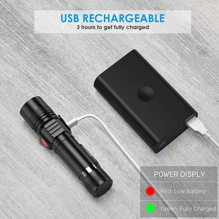 Rechargeable LED Zoom Flashlight Kit, Aluminum Pocket Torch with 18650 Battery and USB Cable for Camping, Car and Home - detail photo 6