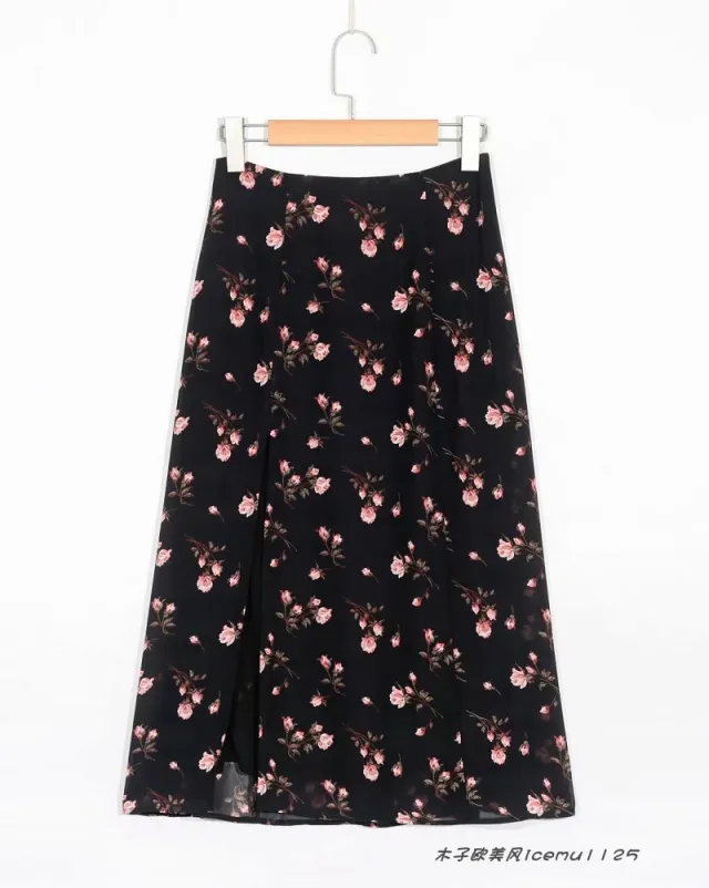 New High Waist Slimming Side Slit Daisy Floral Women Long Skirt Black - Shop at LoveMi