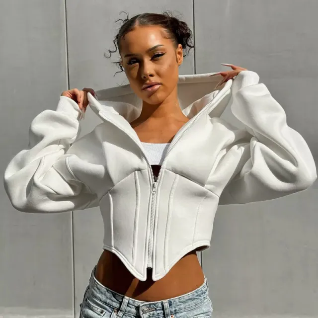 Zipper Hoodie Cardigan Y2K Ins Fashion Street Long Sleeve Corset Jacket Women Clothing White - Shop at LoveMi