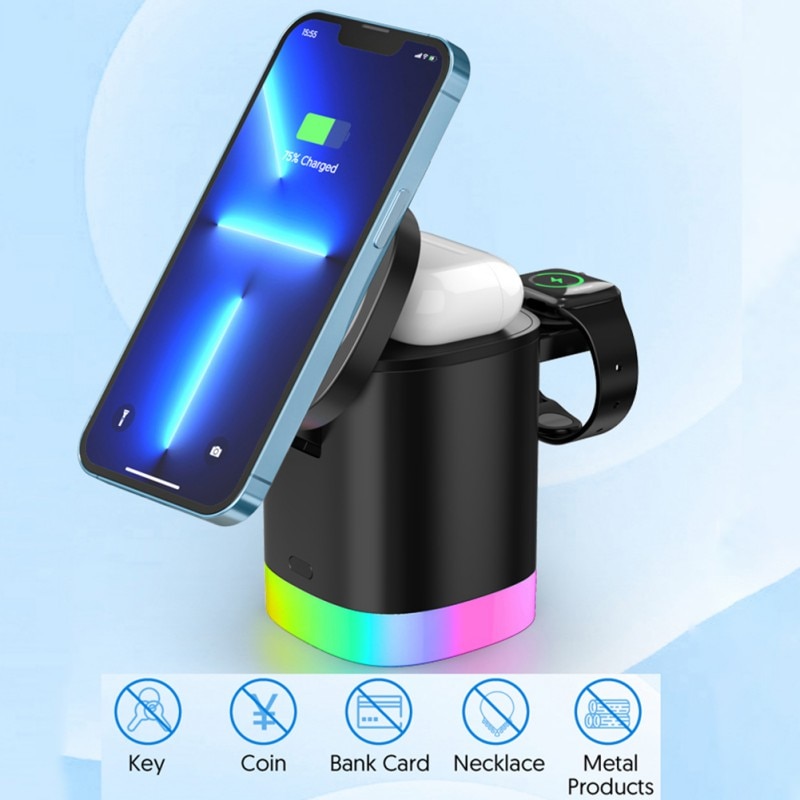 3-in-1 wireless charger for mobile phone, smart watch, and AirPods, sleek design for fast charging.