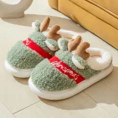 Christmas Shoes Winter Home Slippers Elk Soft Cosy Bedroom Slipper Slip On House Shoes - Green - View 1