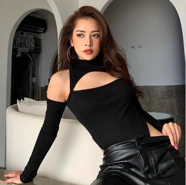 Hollow Out Shoulder baring Slim fit Pure Desire Dark Long Cuff Base Bodysuit Black - Shop at LoveMi