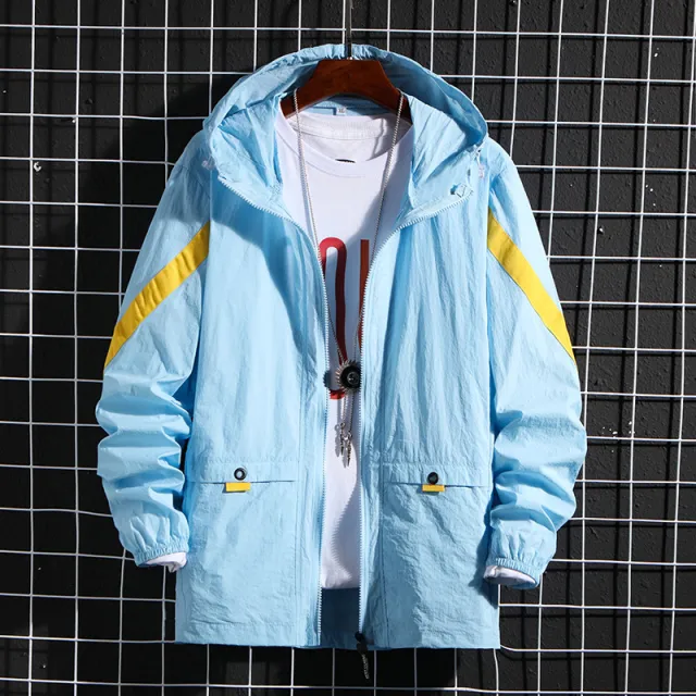 Men's Quick drying Summer Hooded Jacket Men's Fashion Striped Jacket Blue - Shop at LoveMi