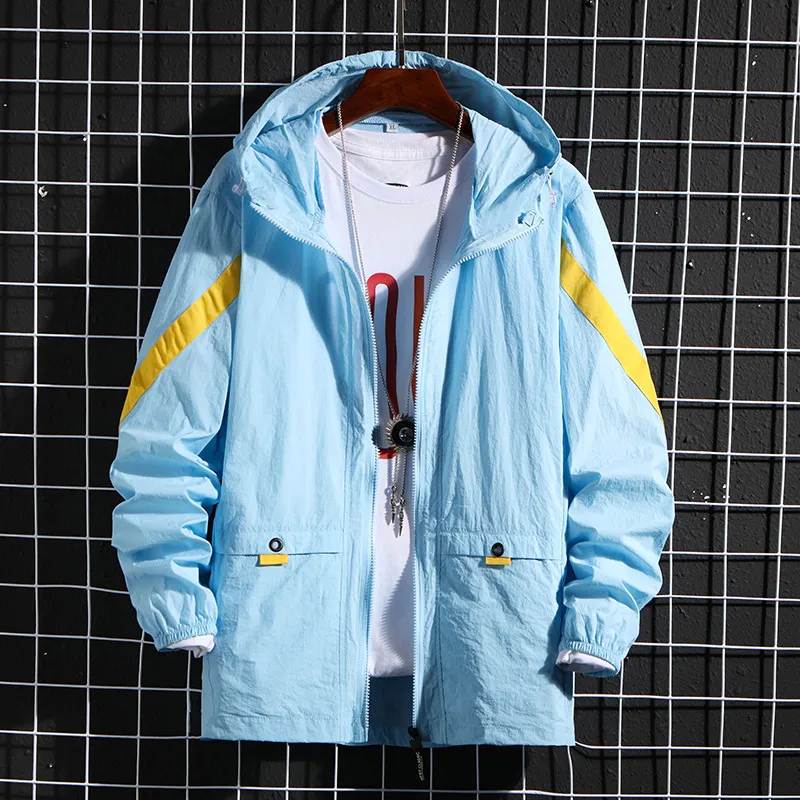 Men's Quick-drying Summer Hooded Jacket Men's Fashion Striped Jacket - Blue