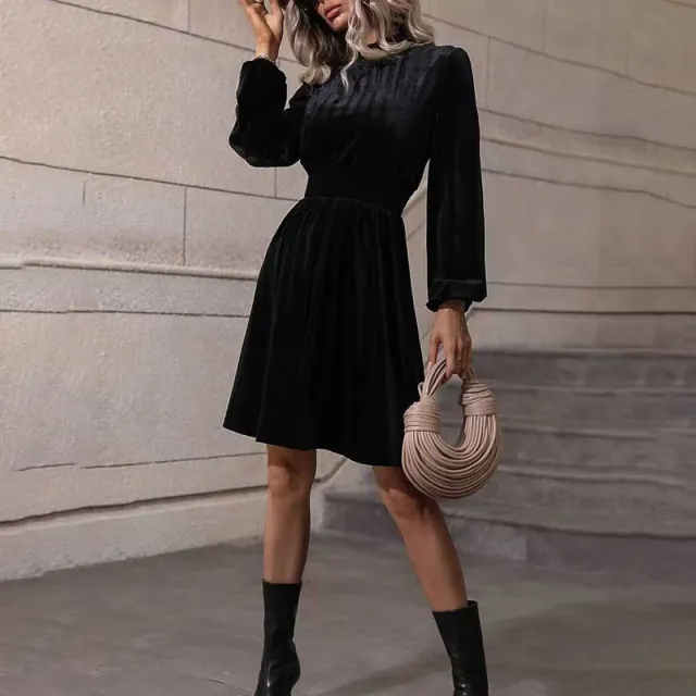 Women's Mock Neck Velvet Midi Dress, Smocked Waist Long Sleeve Casual Dress Black - Shop at LoveMi