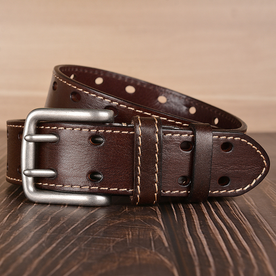 Title 4, Double Pin Buckle First Layer Cowhide Belt Fash...