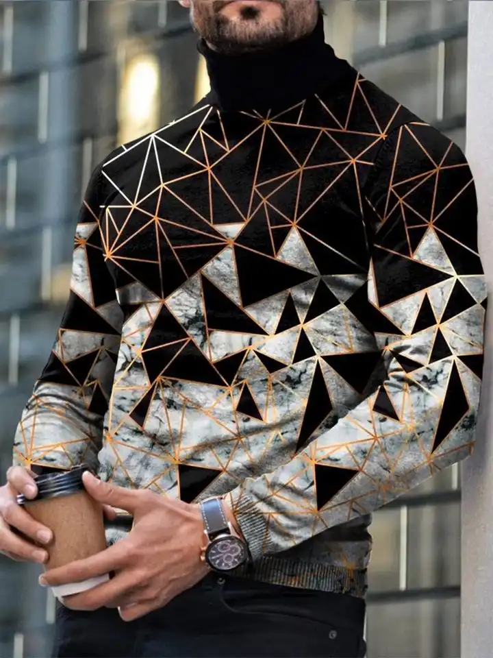 Autumn Winter Men's Long Sleeve Turtleneck T Shirt Printed Casual Top