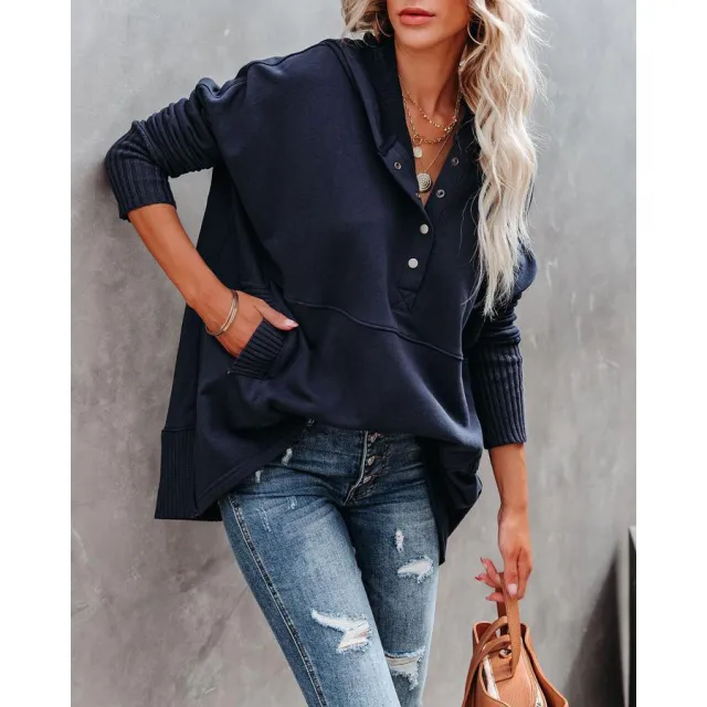 V Neck Hooded Multicolor Doll Sleeve Sweatshirt Navy Blue - Shop at LoveMi
