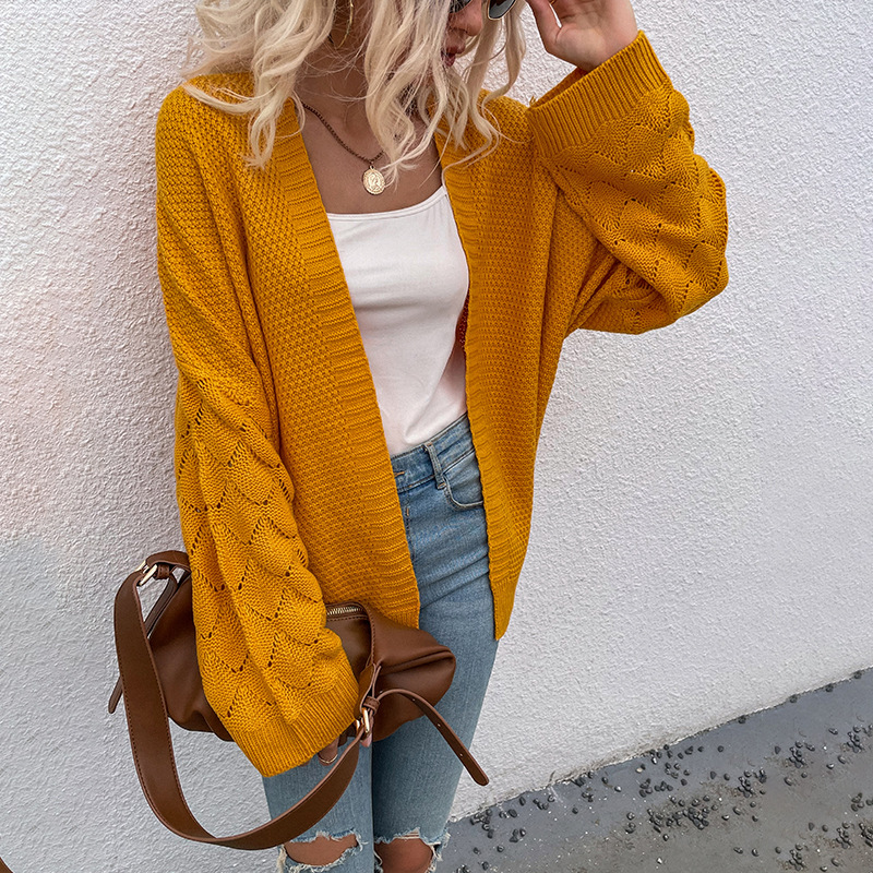 Title 5, V-neck Cardigan Solid Color Mid-length Cut-out ...