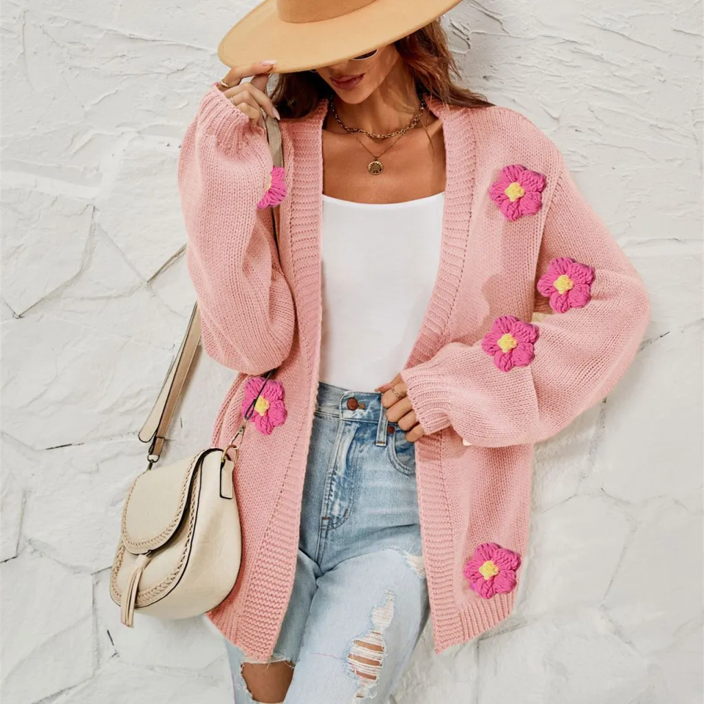 Women's Fashion Casual Flower Cardigan Lantern Sleeve Sweater Coat - Pink