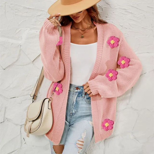 Women's Fashion Casual Flower Cardigan Lantern Sleeve Sweater Coat Pink - Shop at LoveMi