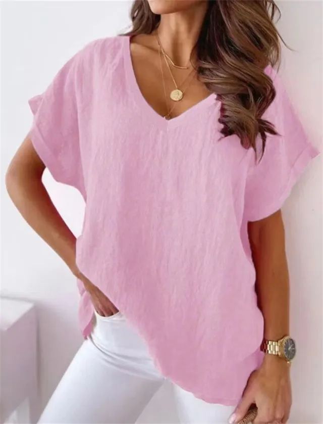 Solid Color Cotton And Linen Short sleeved V neck Shirt T shirt For Women Pink - Shop at LoveMi