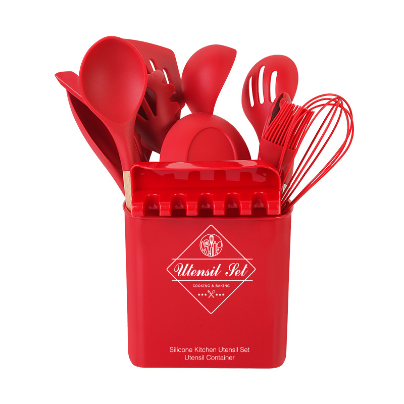 Title 13, 14-piece Silicone Kitchenware With Wooden Handle