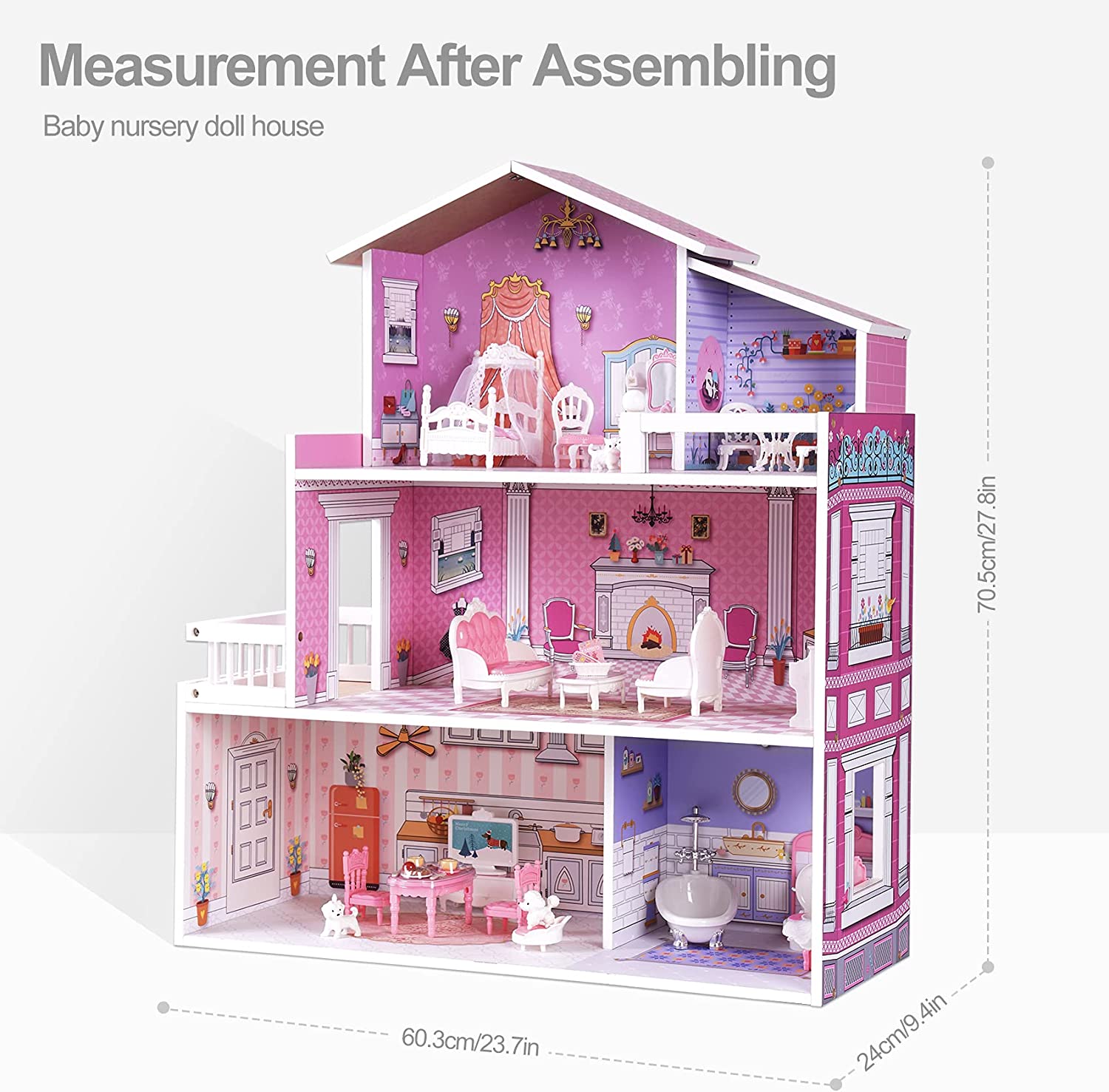 Wooden Dollhouse with Furniture for Girls Material: Wood (MDF) Size: 23.7 x 9.4 x 27.8 inches Item Weight: 16.3 Pounds Recommended Age: 8+