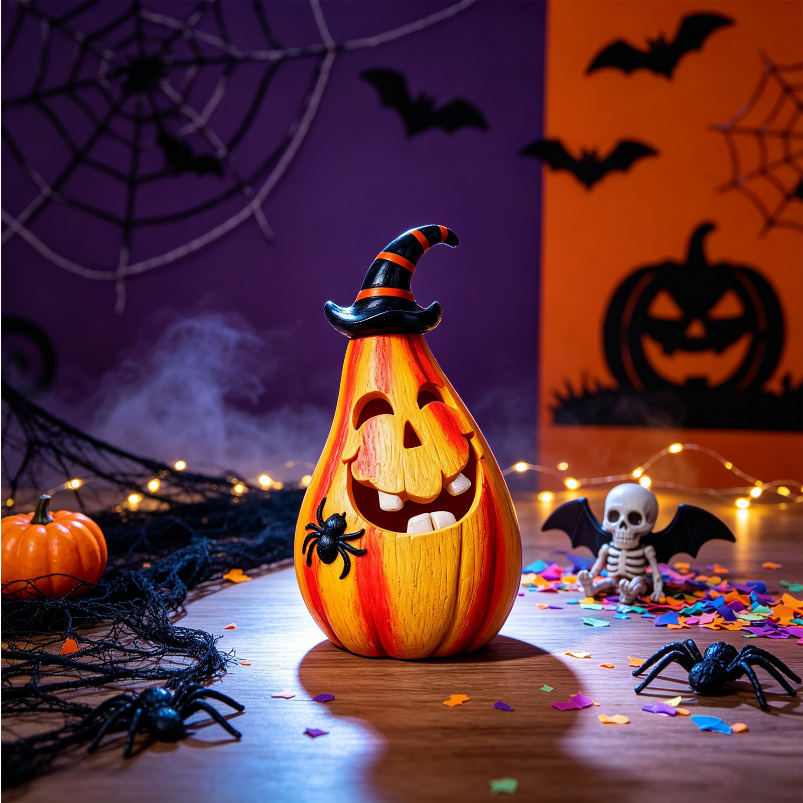 Halloween Resin Pumpkin Decor, Witch Hat Teardrop Pumpkin Lantern With Spider, Light Up Halloween Tabletop Ornament For Home Party Decor