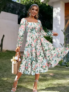 Square Neck Flared Long Sleeve High Waist Dress Loose - Rose Flower - View 1