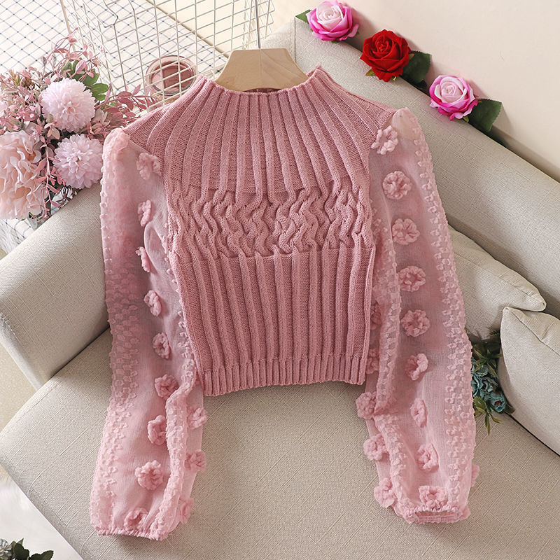 Net Yarn Stitching Round Neck Tight-fitting Slim Short Sweater Small Knit Sweater