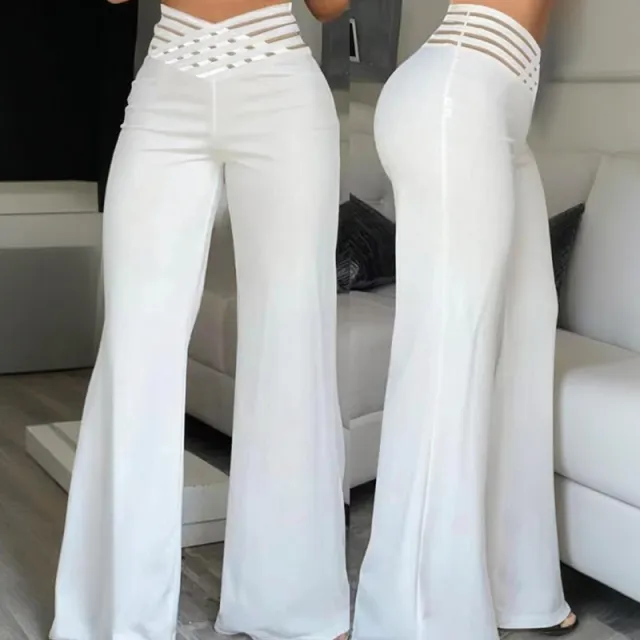 Women's Transparent Mesh Patchwork High Waist Pants With Elegant Cross Detail, Solid Color Fashion Trousers White - Shop at LoveMi