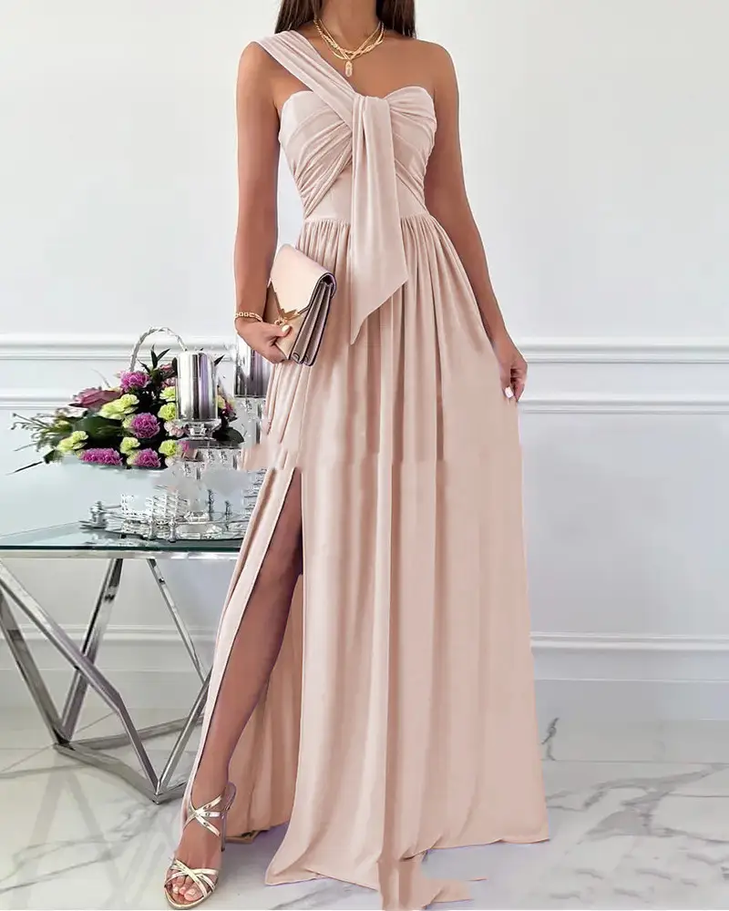 Solid Color Sleeveless Pleated Chiffon Long Dress Slim Fit