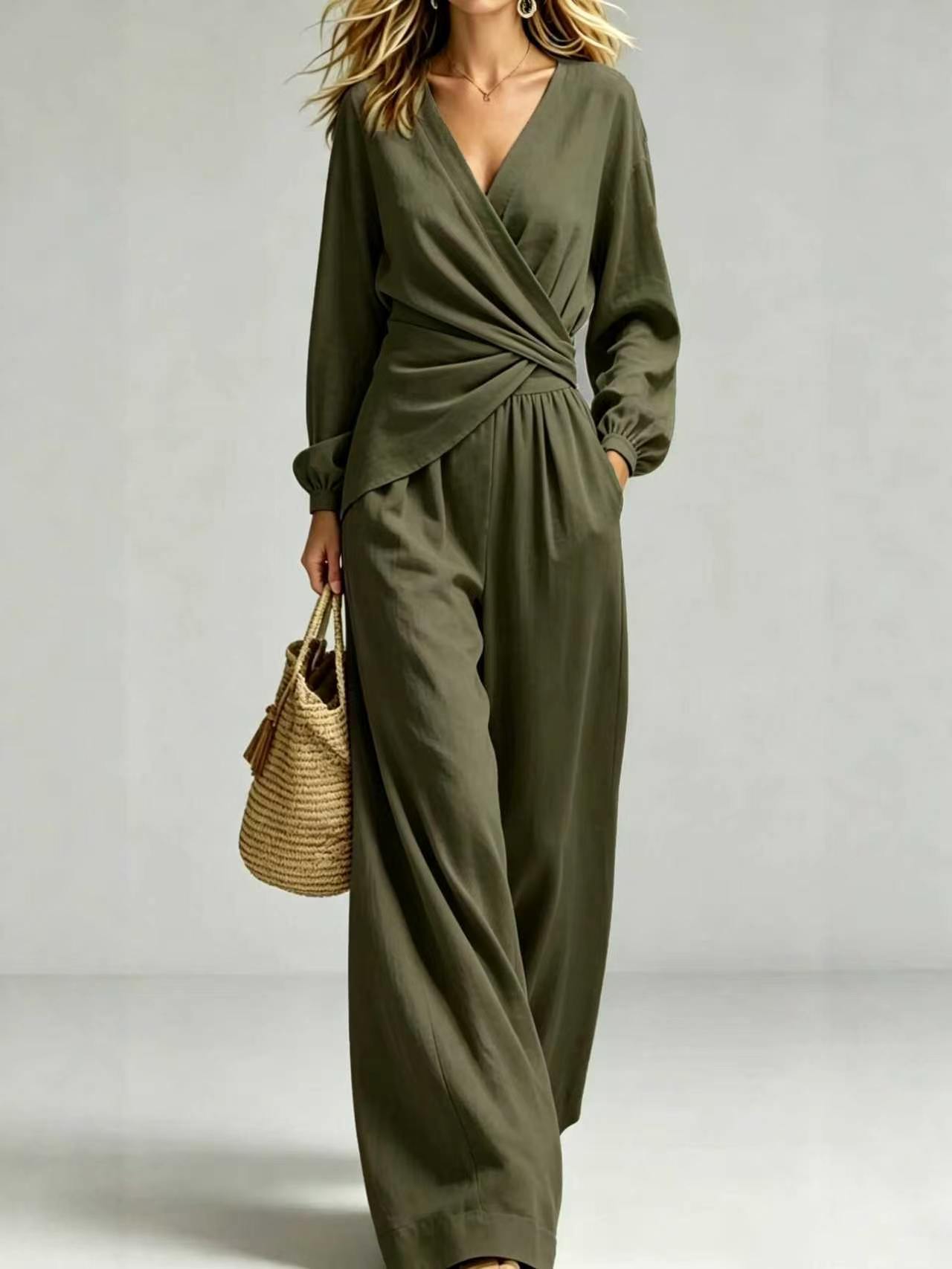 Women's 2-Piece Outfit - V-Neck Long Sleeve Wrap Blouse & Wide Leg Pants Set, Elegant Casual Pocketed Matching Set