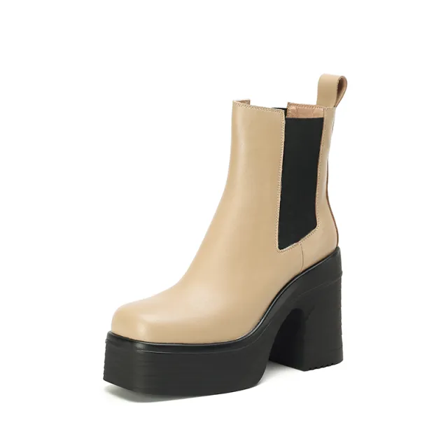 Women's Square Toe Chunky Heel Platform Ankle Boots Apricot - Shop at LoveMi