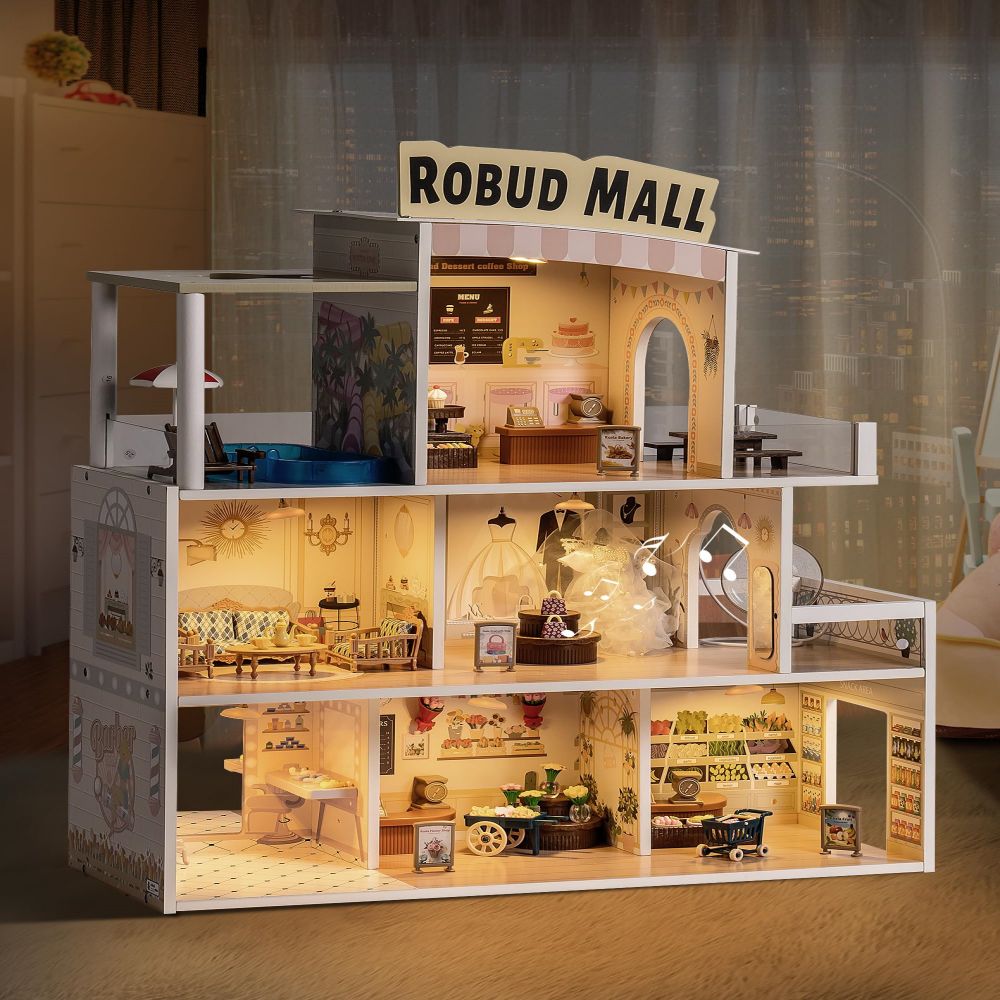 Wooden Dollhouse Shopping Mall - Lights, Music - Xmas Gift. Image 1, Image 2, Image 3, Image 4, Image 5, Image 6, Image 7.