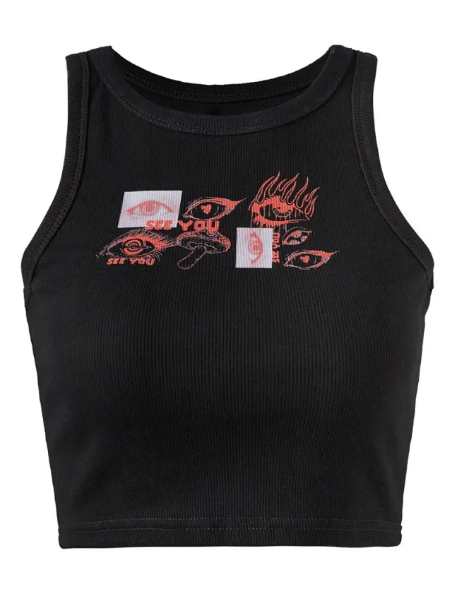 Alphabet Print Rib Knit Crew Neck Black Camisole Black - Shop at LoveMi