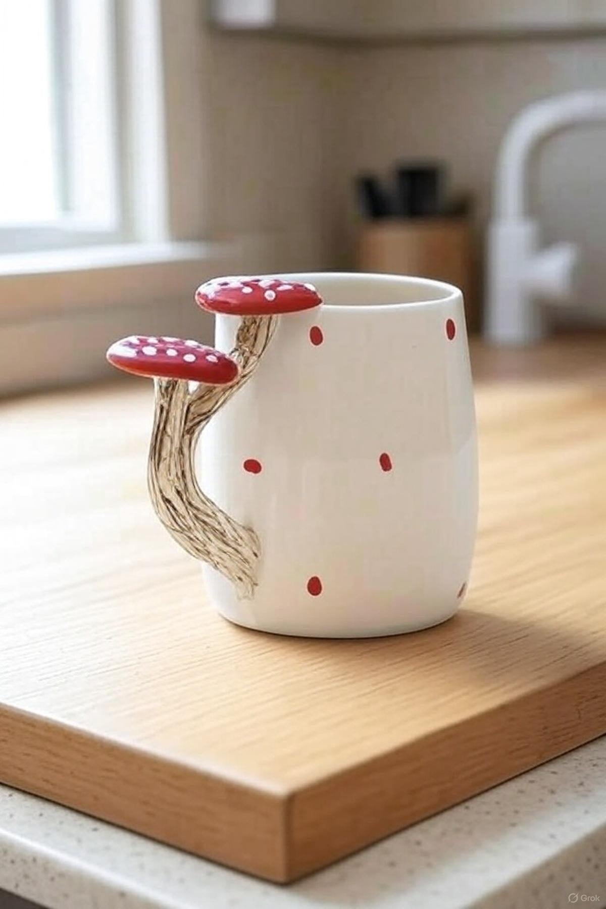 Handmade Ceramic Mug With Mushroom Handle 400ml Rustic Forest-Inspired Design