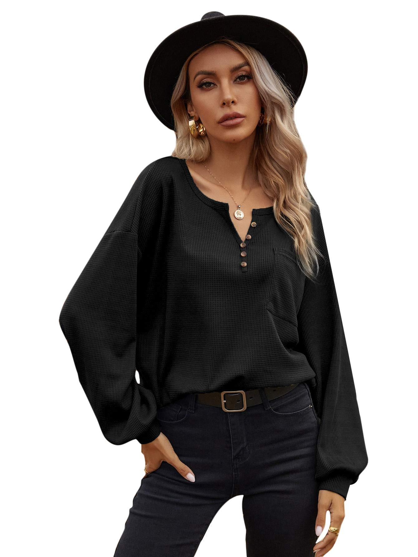 Waffle Pocket Bat Long Sleeve Button Fashion T-shirt