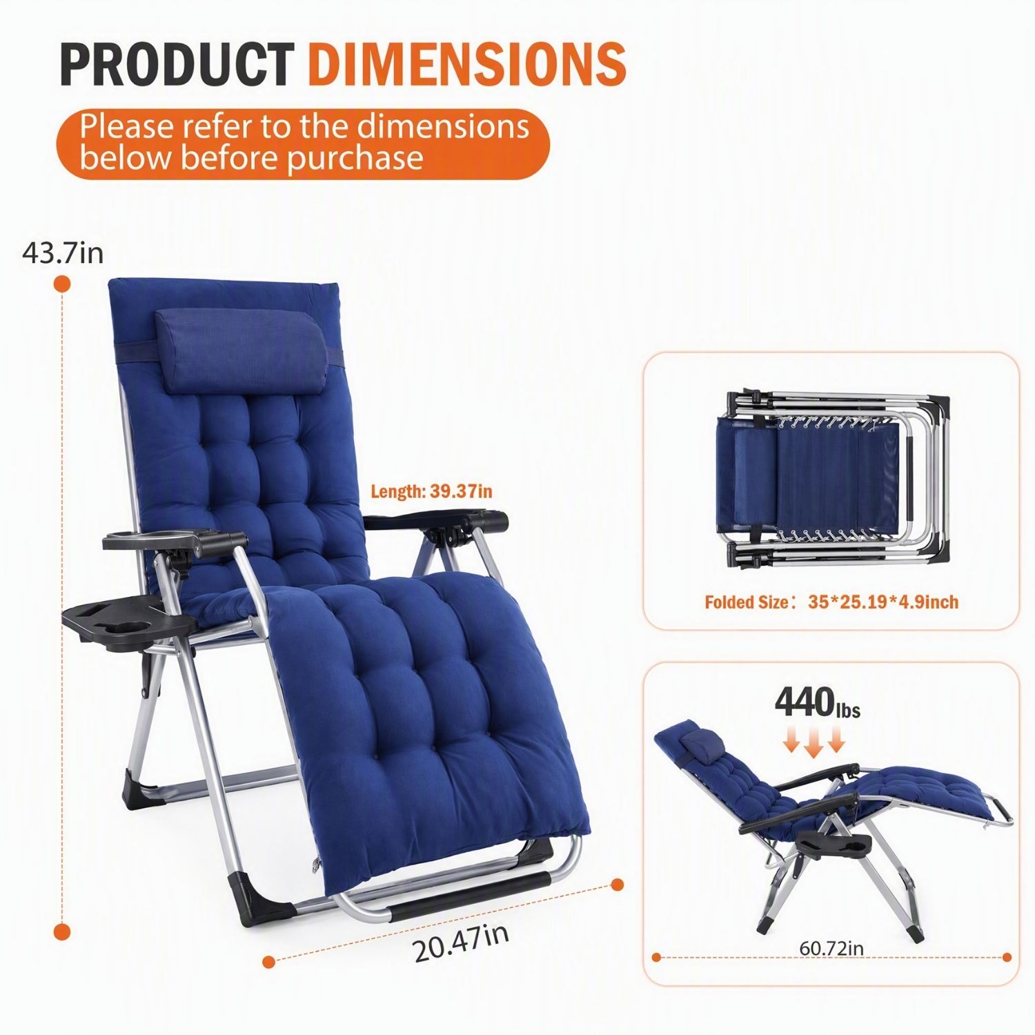 Zero Gravity Chair With Cushion, Folding Outdoor Lounge Chair With Cup Holder And Headrest For Patio, Strong Capacity image 14