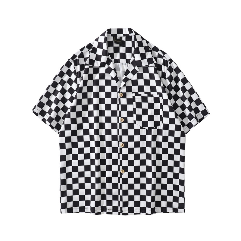 Title 5, Japanese Retro Black And White Plaid Print Shor...