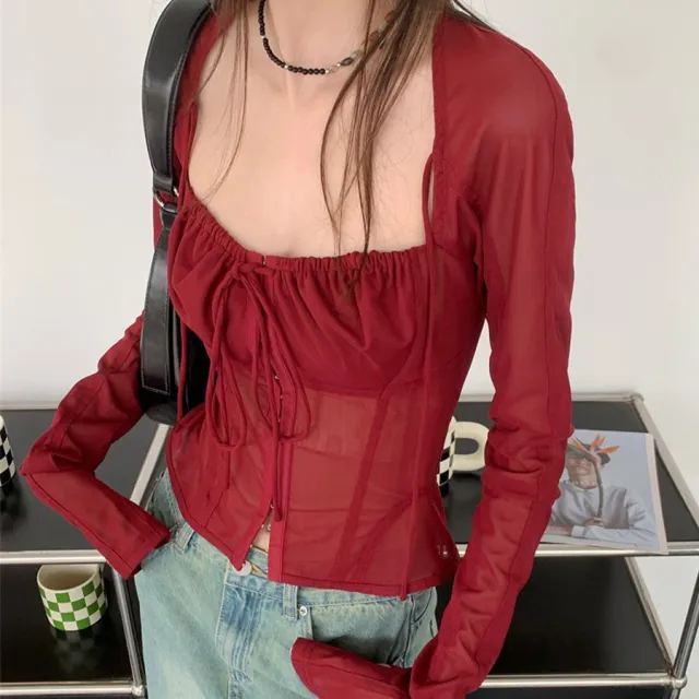 Long Sleeved Lace Up Corset Slimming Top Wine Red - Shop at LoveMi