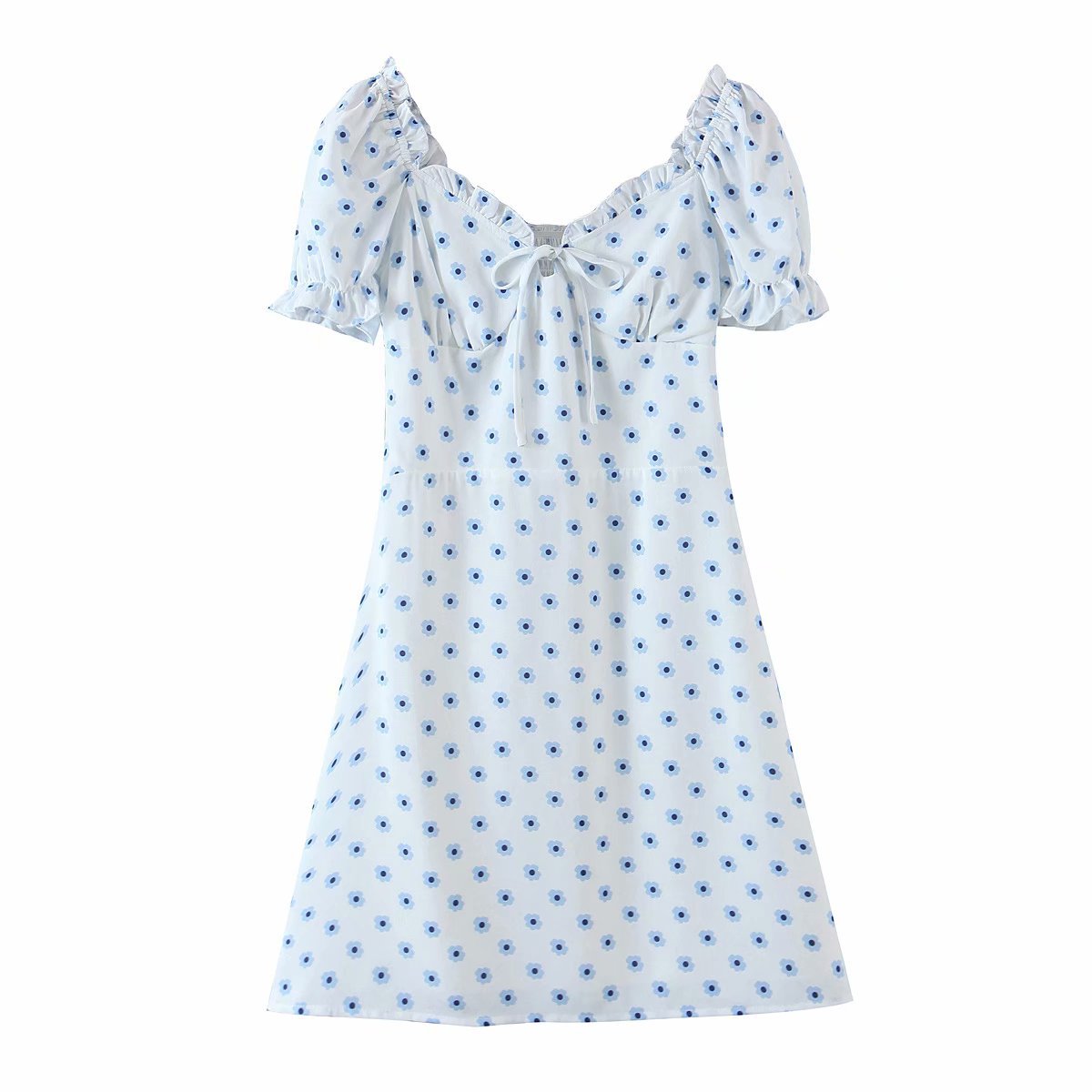 New Retro Printed Square Neck Puff Sleeve Holiday Beach Dress