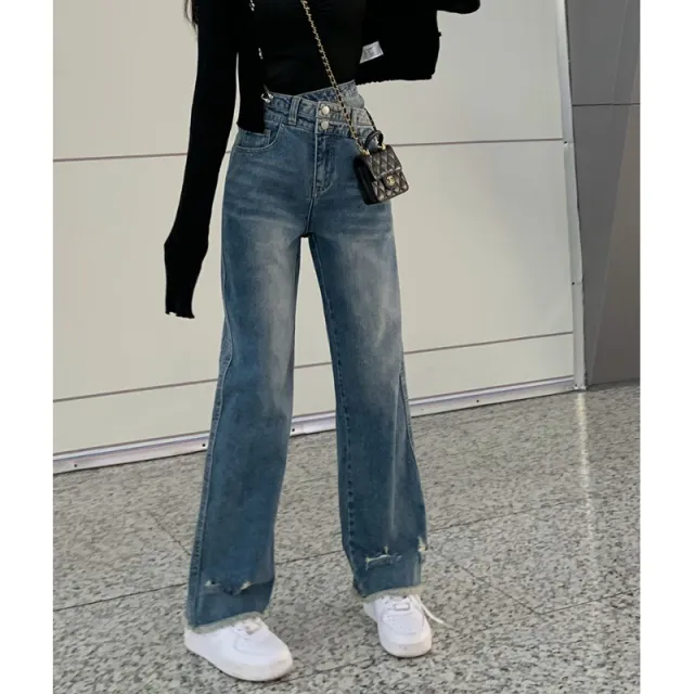 Women's Washed And Polished White Jeans Diagonal Button Straight Washed Blue - Shop at LoveMi
