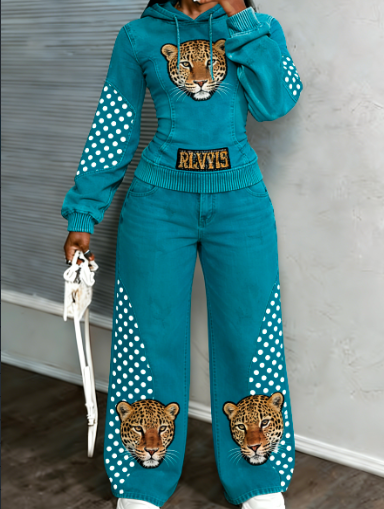 Trendy Cool Distressed Denim Hoodie And Wide-Leg Pants Two-Piece Set