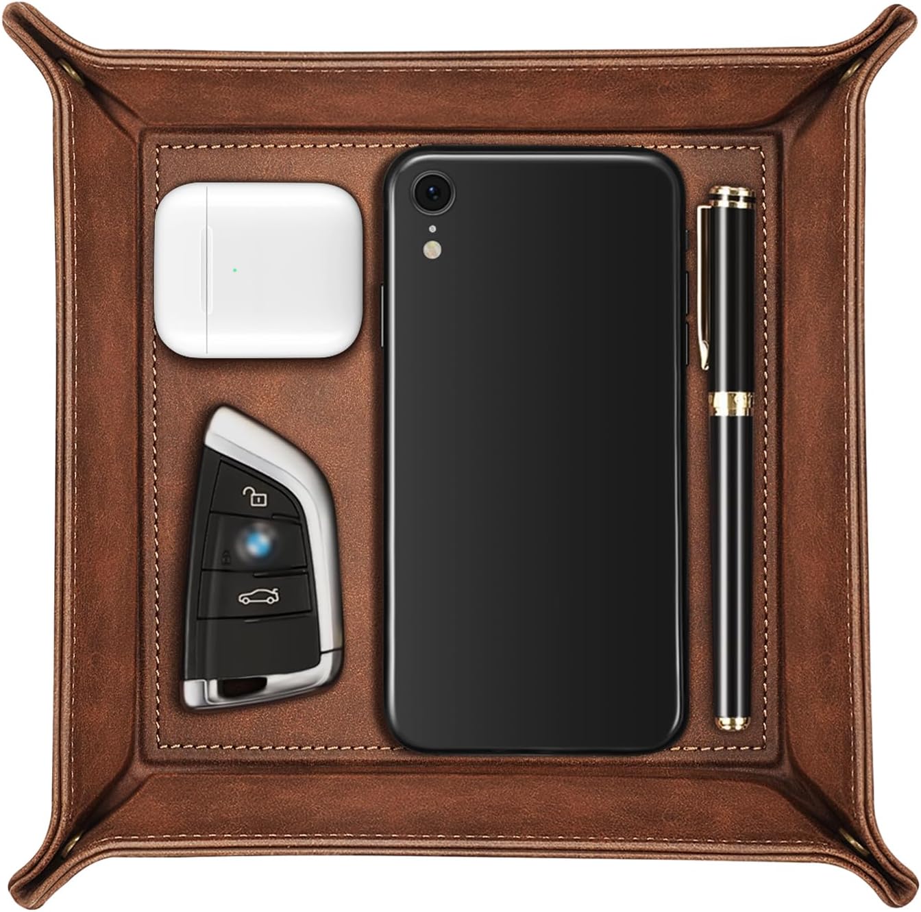 PU Leather Desk Storage Organizer Tray, Bedside Table Holder For Remote, Keys, Phone, Wallet, Coins And Jewelry