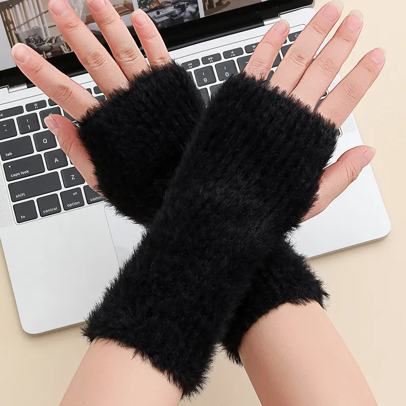 3 Needle Faux Fur Yarn Autumn Winter Fuzzy Knit Short Warm Gloves Arm Warmer For Girls Women Daily Party Work