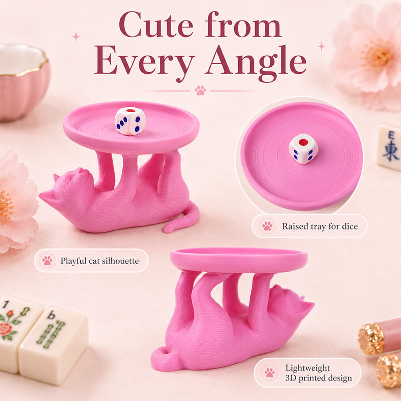 Cute Cat Dice Holder, 3D Printed Pink Tabletop Dice Tray For Mahjong Game Night, Decorative Dice Stand For Home Table Decor