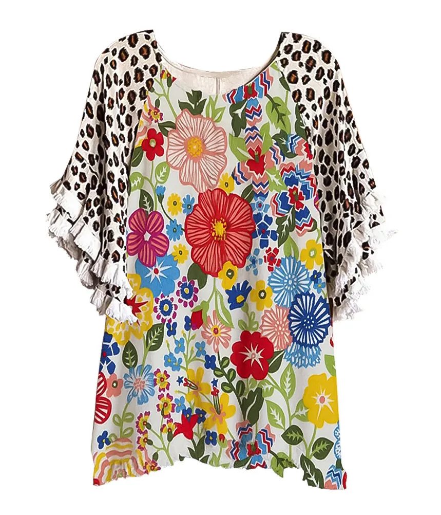 New Lace Ruffle Sleeves Crew Neck Print Colorblock Women's Loose T-Shirt - Color9-Xl