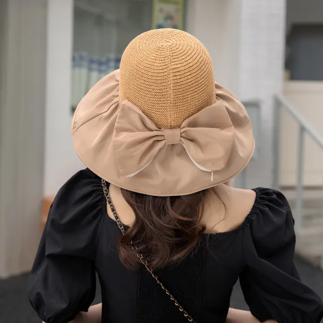 Black Glue Bow Wispy Empty Cycling Big Brim Face Sun Protection Hat Khaki A - Shop at LoveMi