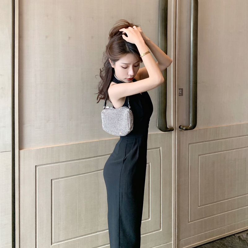 Temperament High-waisted Draped Black Neck Jumpsuit - Image 3