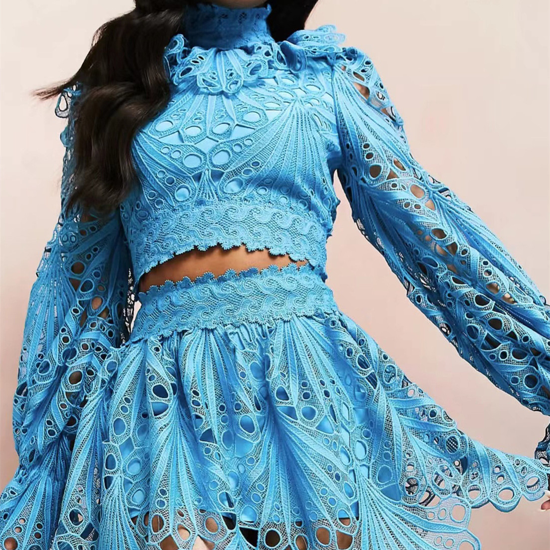 Two-piece Stand Collar Long Sleeve Heavy Industry Embroidery Hollowed Out Top Skirt — image 1
