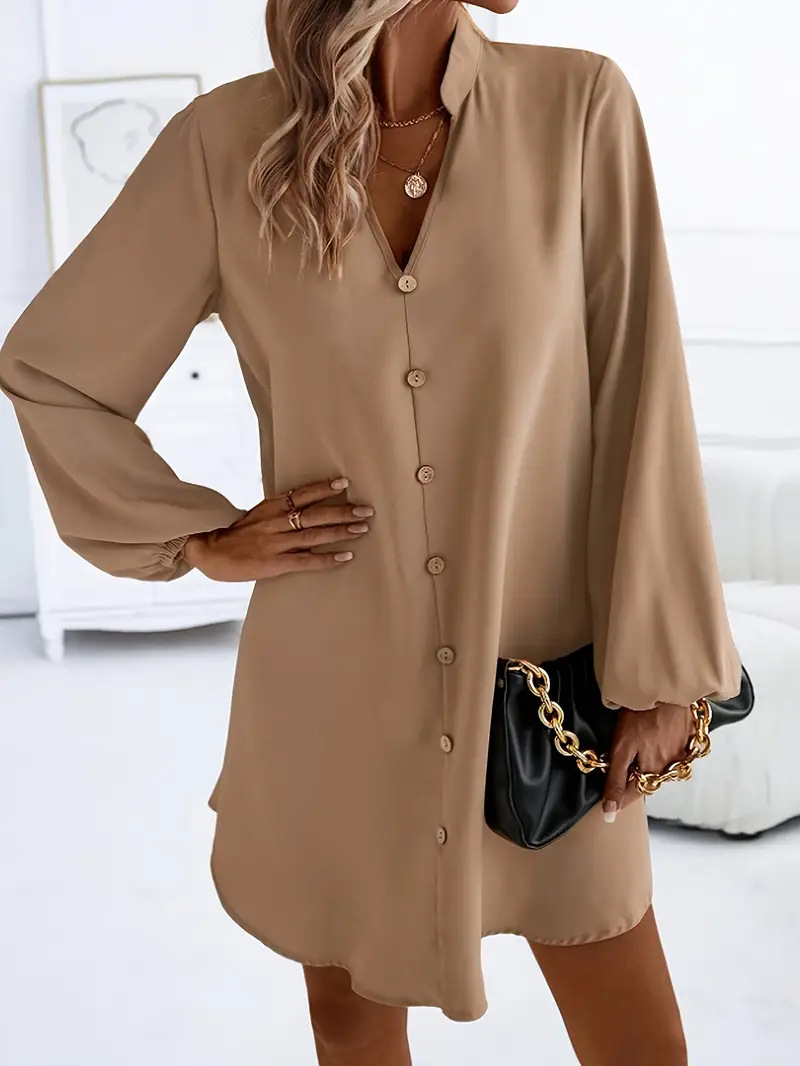 Women's V-Neck Single-Breasted A-Line Dress in Khaki – long sleeve solid color elegant dress