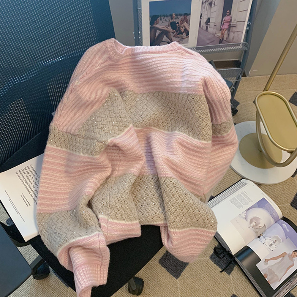 Women's Contrast Color Stitching Bright Silk Sweater