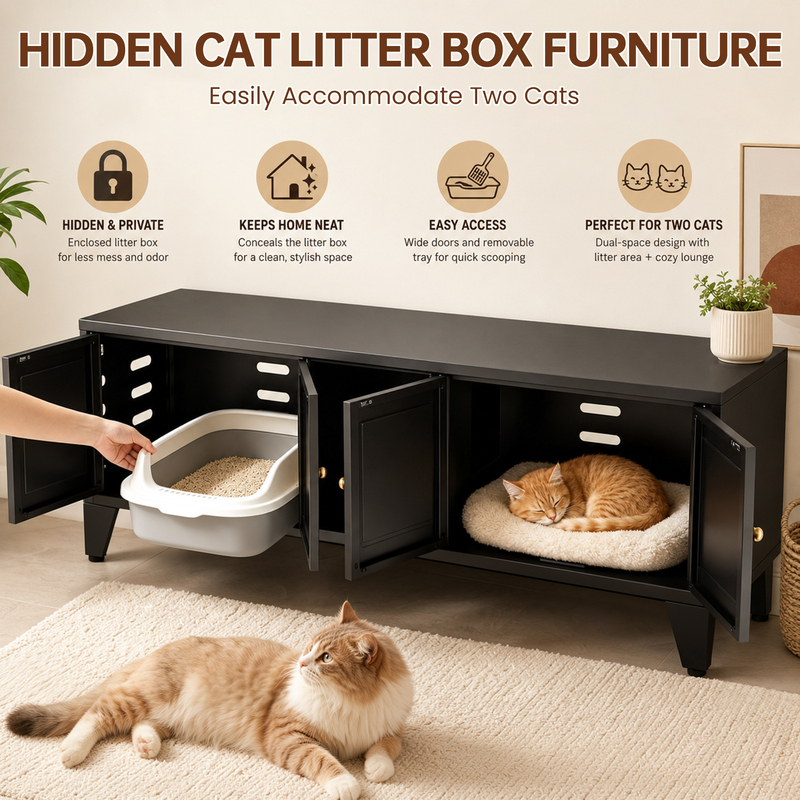 58in Metal Cat Litter Box Enclosure, Hidden Litter Furniture For 2 Cats, Large Indoor Cat House TV Stand Cabinet W Ventilation & 2 Compartments, Black Modern Pet Washroom W Adjustable Legs — foto 6